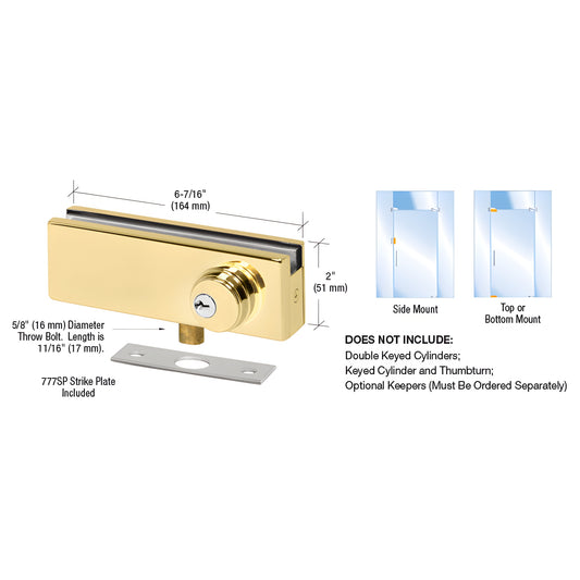 Polished brass patch lock AMR205BR for 3/8-1/2 glass, 6-7/16 x 2 body with strike plate.