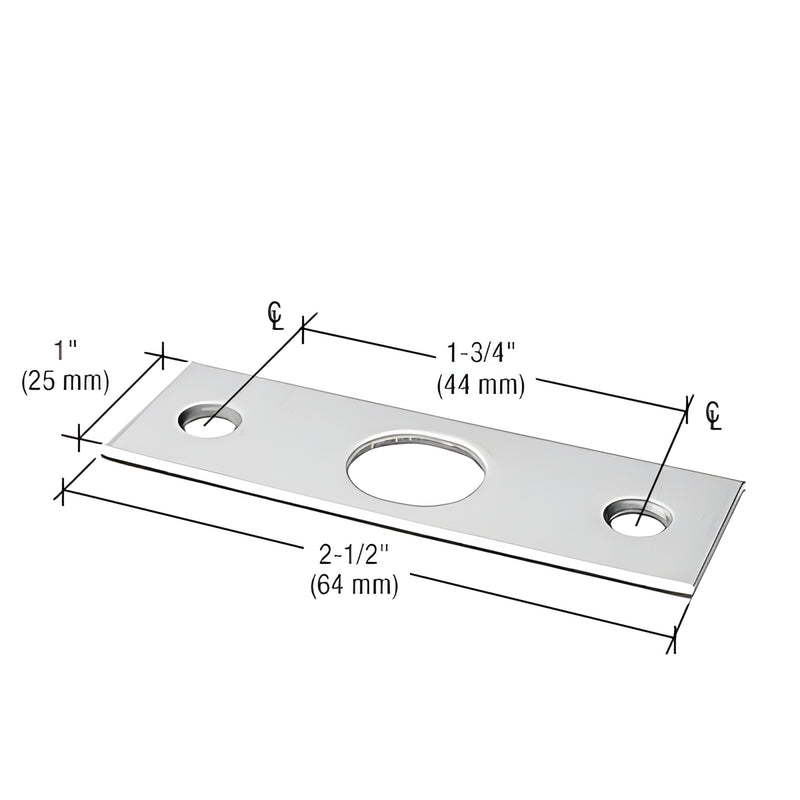 Clear anodized metal strike plate (SKU 777SPSA), 2-1/2" long, 1" wide, two screw holes and center plunger opening.