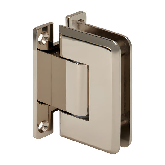 P1N337PN Polished nickel brass adjustable Pinnacle shower door hinge, H back plate, fits 8-12mm glass.