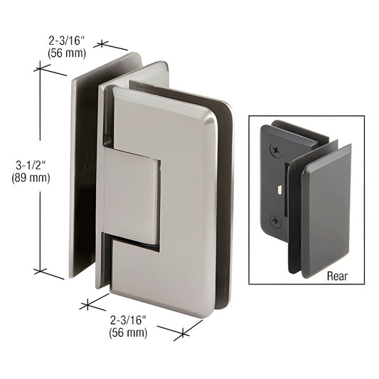 CRL Pinnacle brushed-nickel beveled glass-to-glass shower hinge, solid brass, 3-1/2" tall, fits 8-12mm glass (SKU P1N092BN)