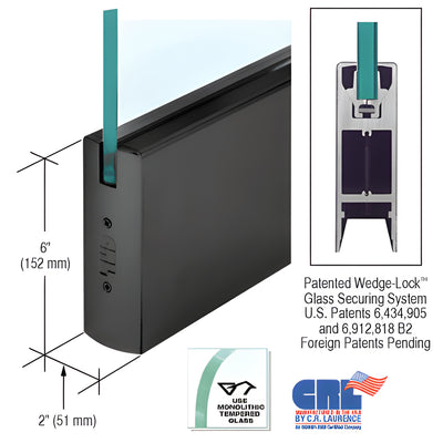 CRL Black Powder-Coated 6" Square Glass Door Rail for 1/2" - No Lock