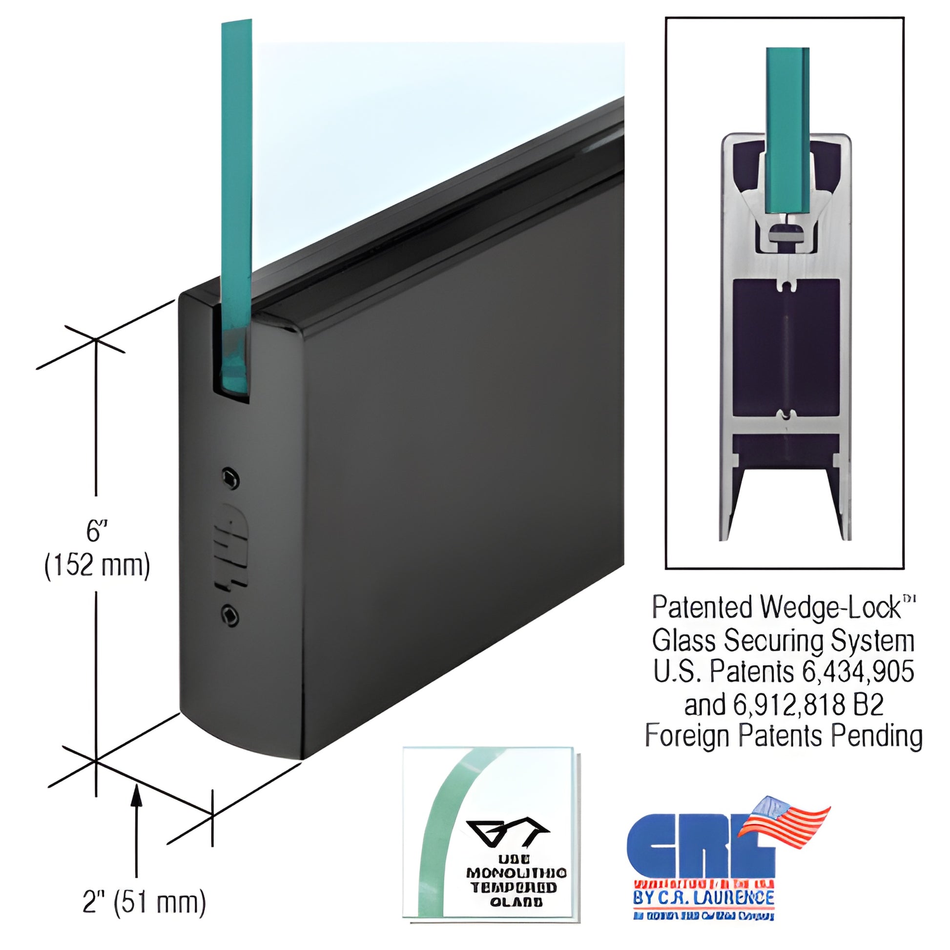 Gloss black aluminum Wedge-Lock door rail (SKU DR6SBL12C) for 1/2" (12mm) tempered glass, 6" H x 2" W.