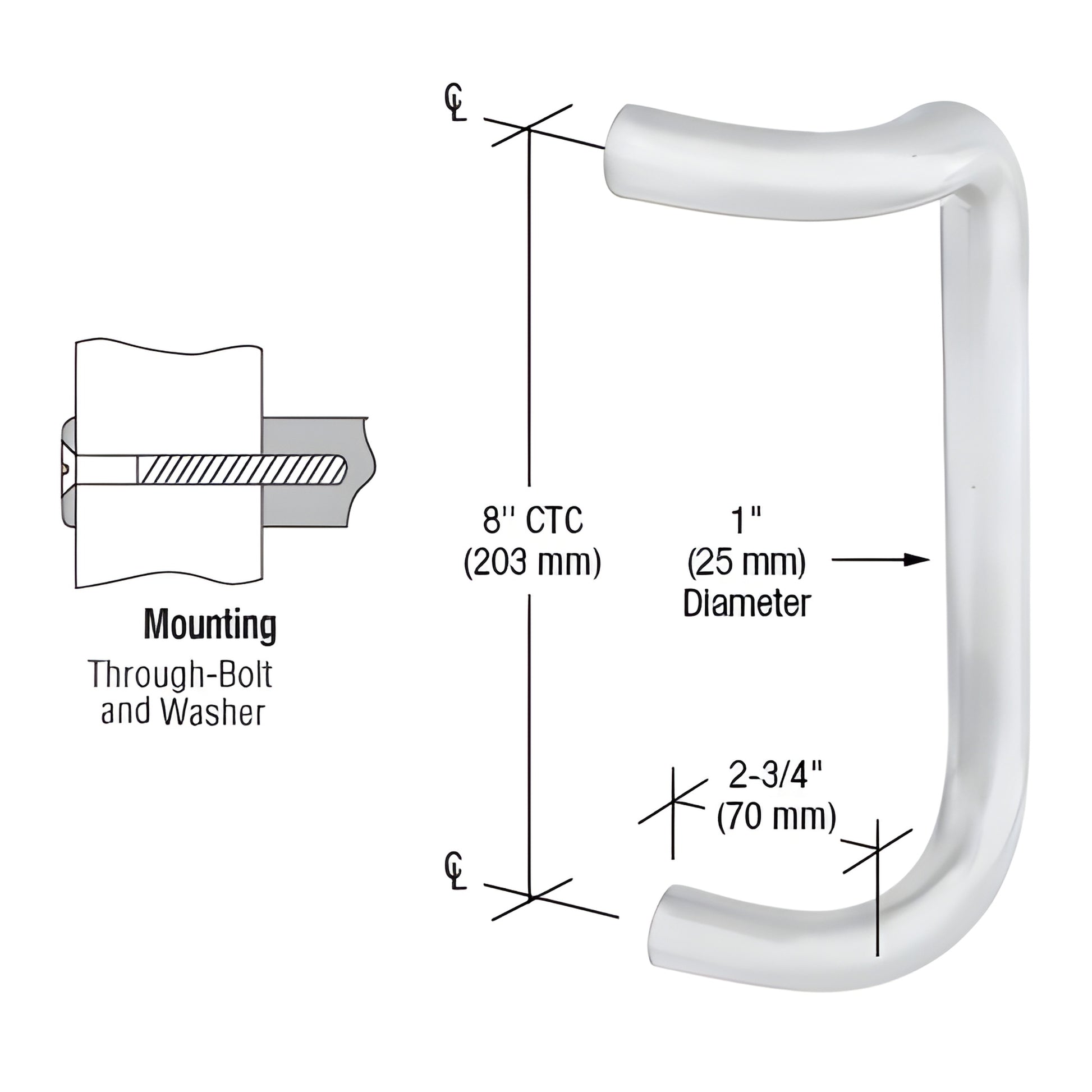 CD8SC satin chrome single-offset door pull, 1 in diameter, 8 in CTC, 2-3/4 in projection