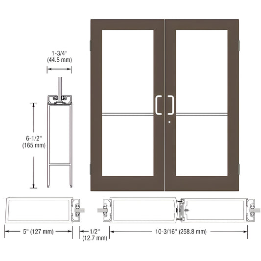 DC52522: black bronze anodized wide stile double entrance door with 5" stiles, glass panels and ADA friendly bottom rail