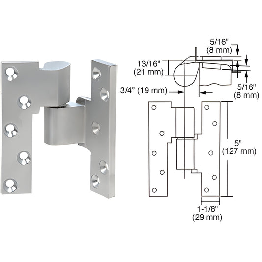 Rixson M19RHSC 3/4" offset intermediate pivot, satin chrome mortised aluminum, right-hand hinge with technical drawing