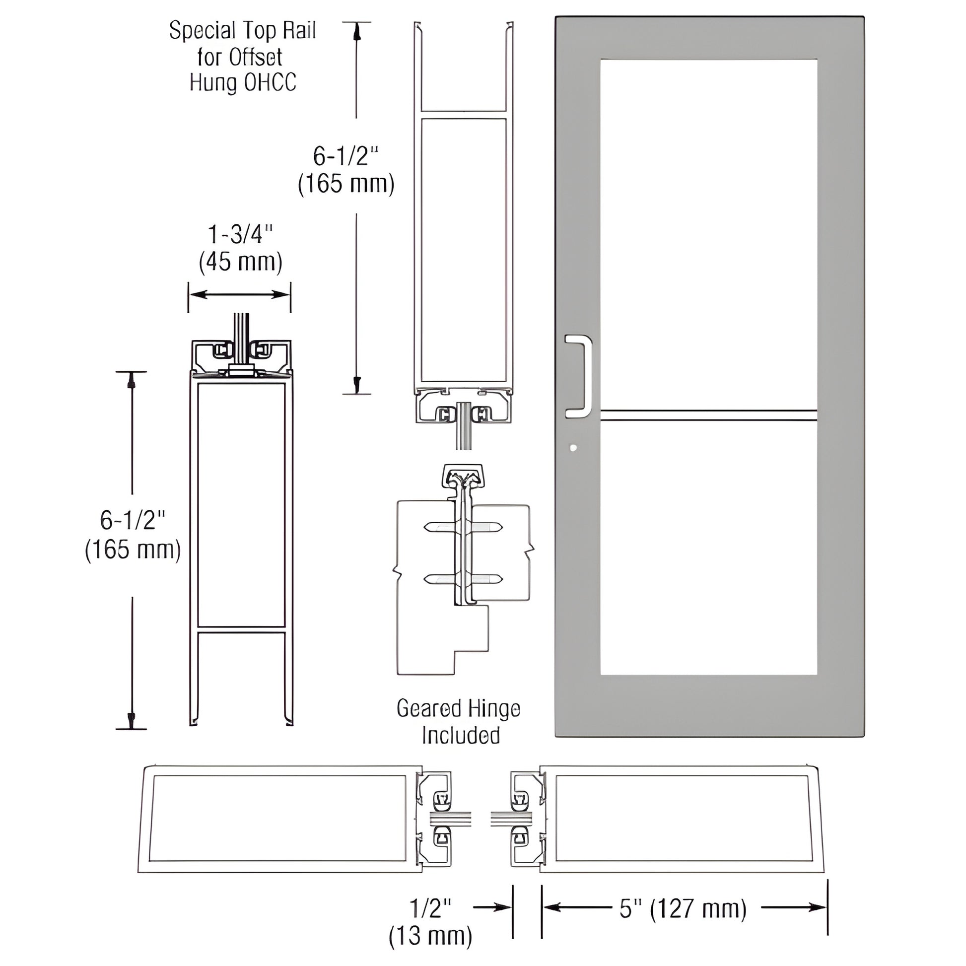 Commercial wide stile entrance door DC51911, clear anodized, 5" stiles, 6-1/2" bottom rail, glass lite, hardware ready.