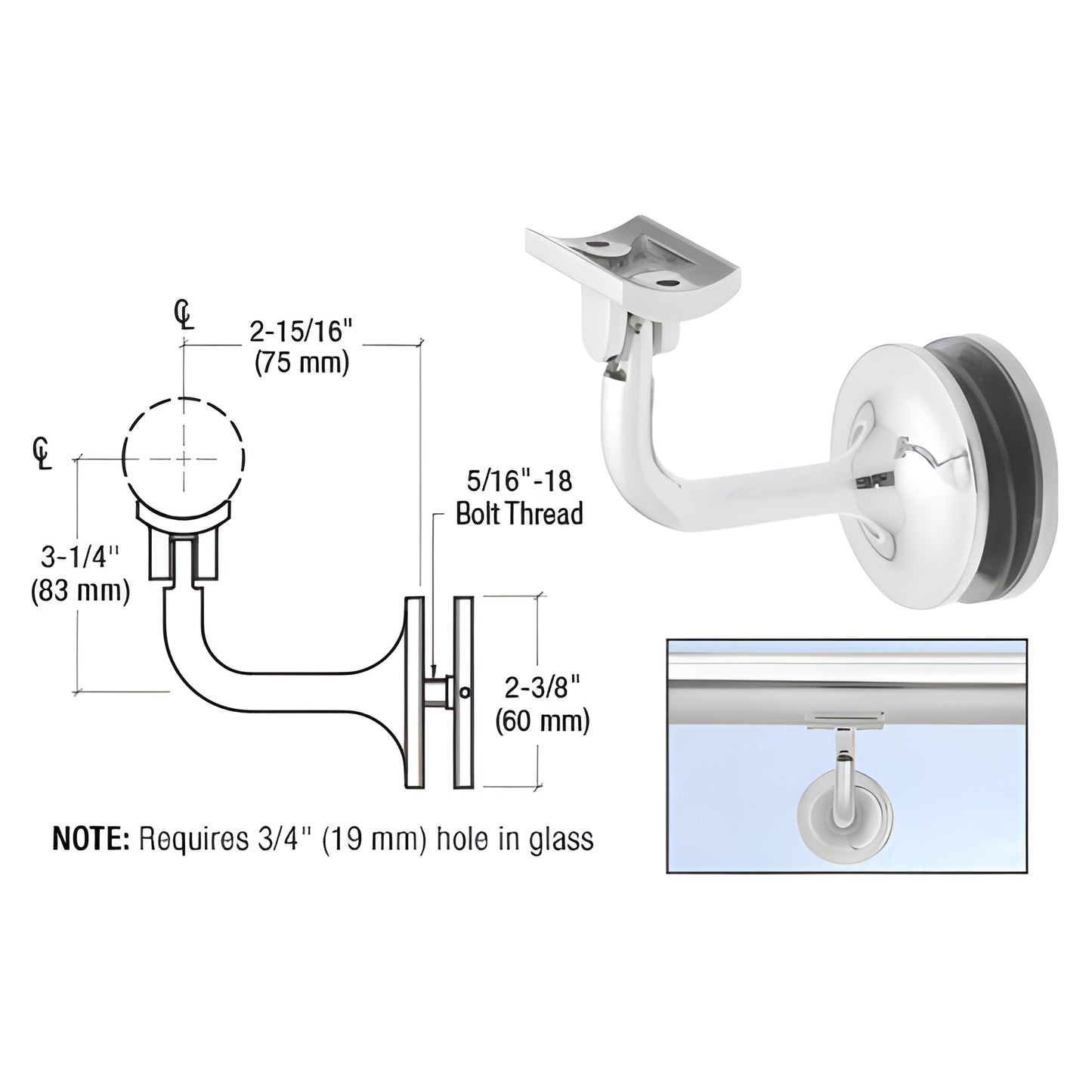Polished stainless steel glass-mounted handrail bracket HR20GAPS; adjustable, fits 1.9-2" rail, requires 3/4" (19 mm) glass h