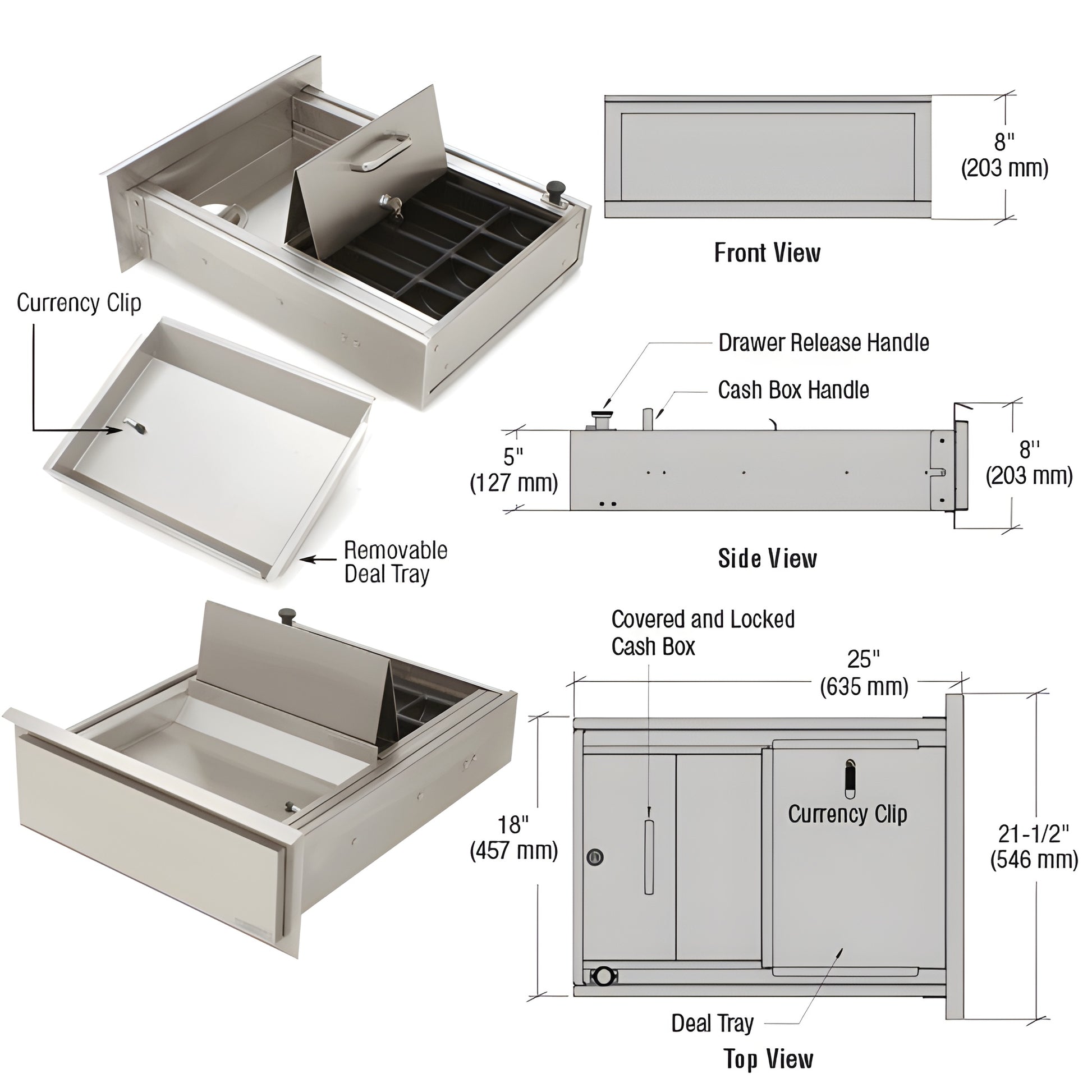FL4463 stainless steel lockable drive-thru transaction drawer with removable deal tray and covered cash box, brushed finish.
