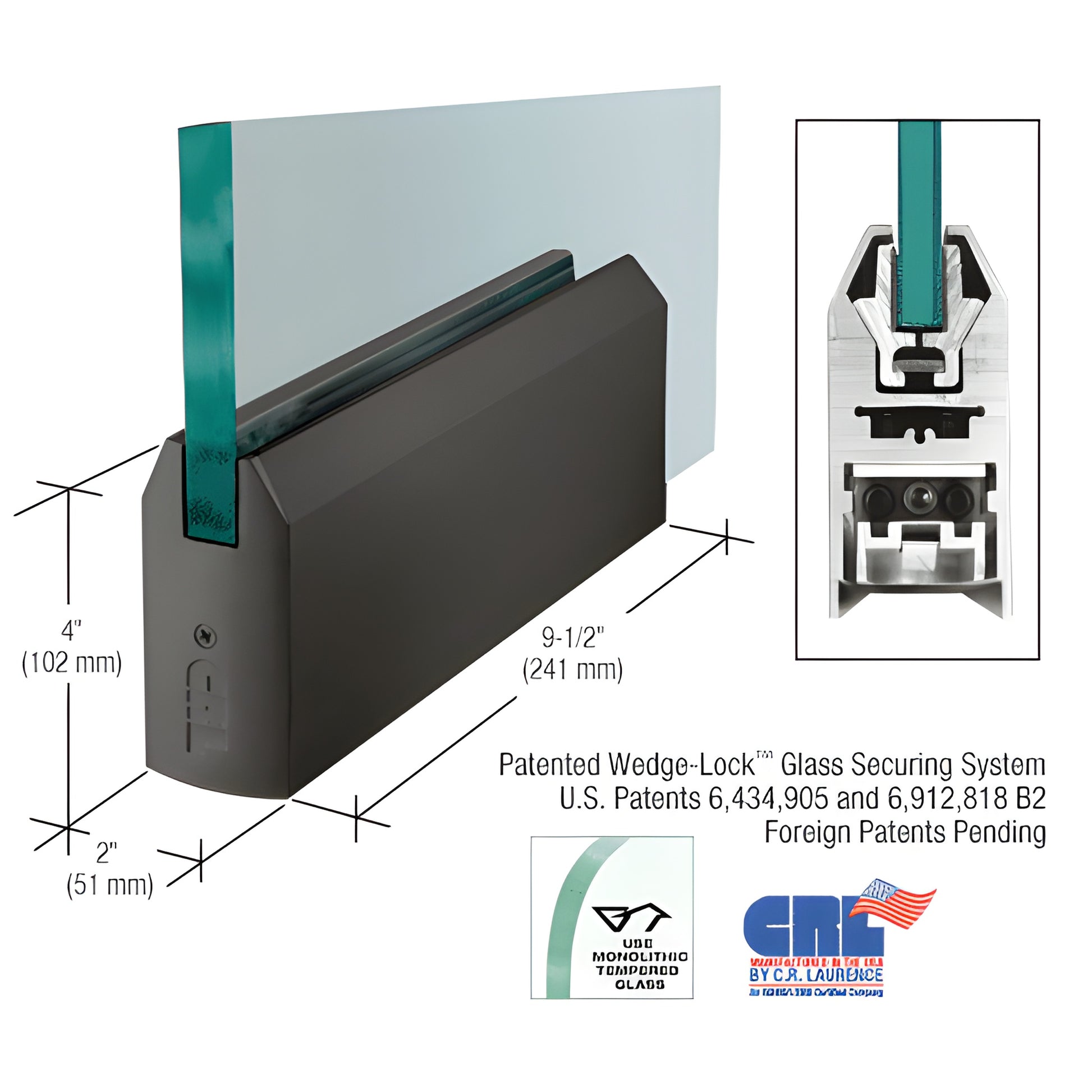 Black bronze anodized 9-1/2" tapered aluminum door rail for 1/2" (12mm) glass, Wedge-Lock patch.