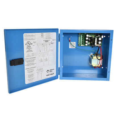 Blue metal Adams Rite PS-EXIT UL-rated power supply enclosure for 8000/3000 series exit devices (SKU DHPSEX1T)