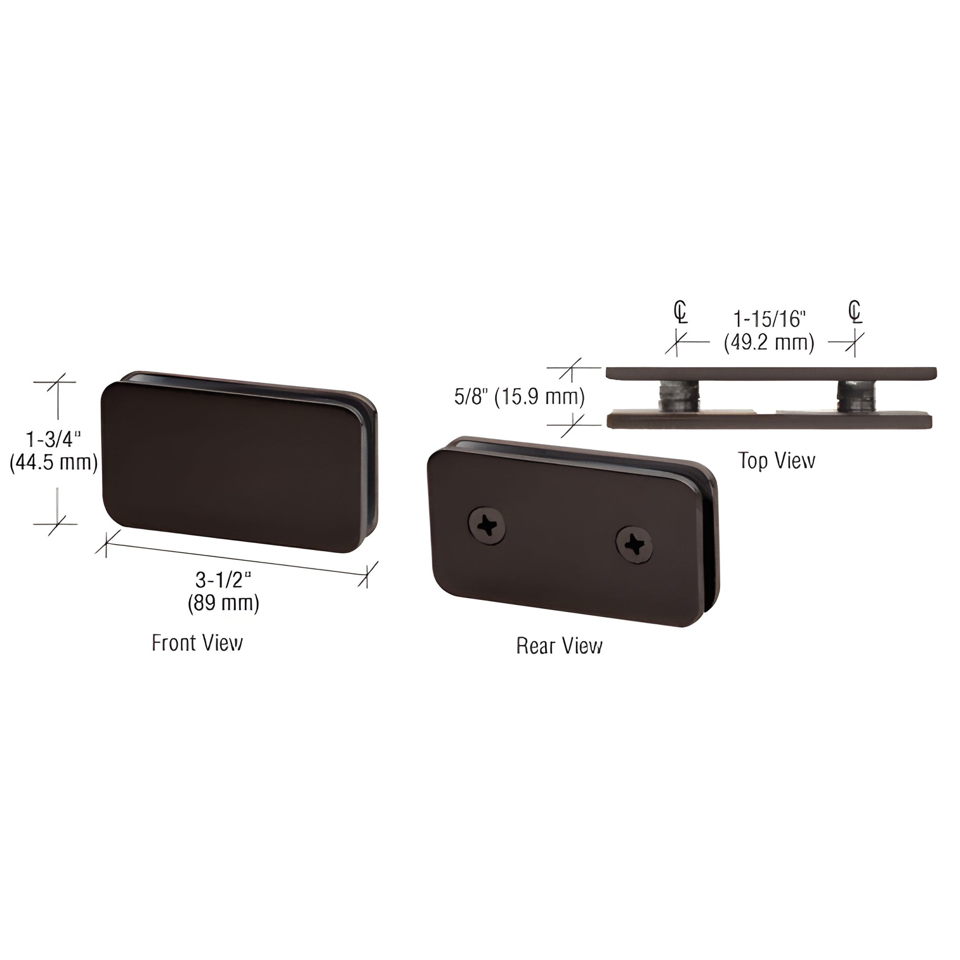 Oil rubbed bronze 180 degree double-stud solid brass glass clamp (GCB1840RB) for 5/16-1/2" tempered glass, front/rear/top vie