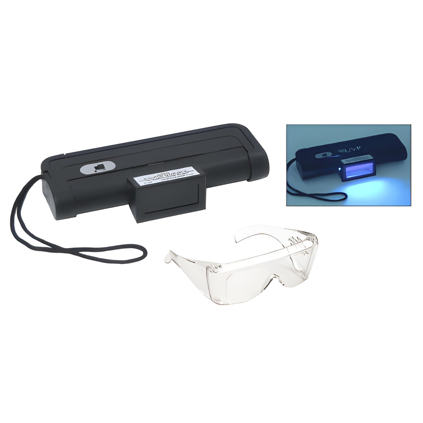 Black battery UV tin-side detector (UVG4) with wrist strap and clear protective spectacles.
