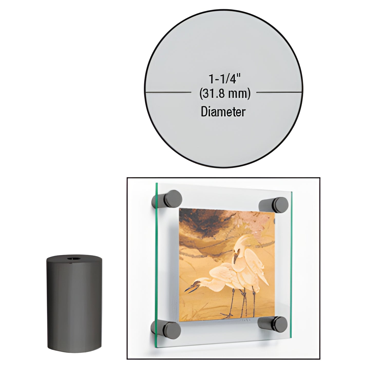 Matte black 1-1/4" metal standoff for glass panels, 2" length (SKU S0B1142MBL) - mounting hardware.