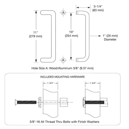 Dark bronze 1 in solid aluminum offset pull handle, single-sided, 10 in c-c, shown with two thru-bolts (SKU M1741010B)