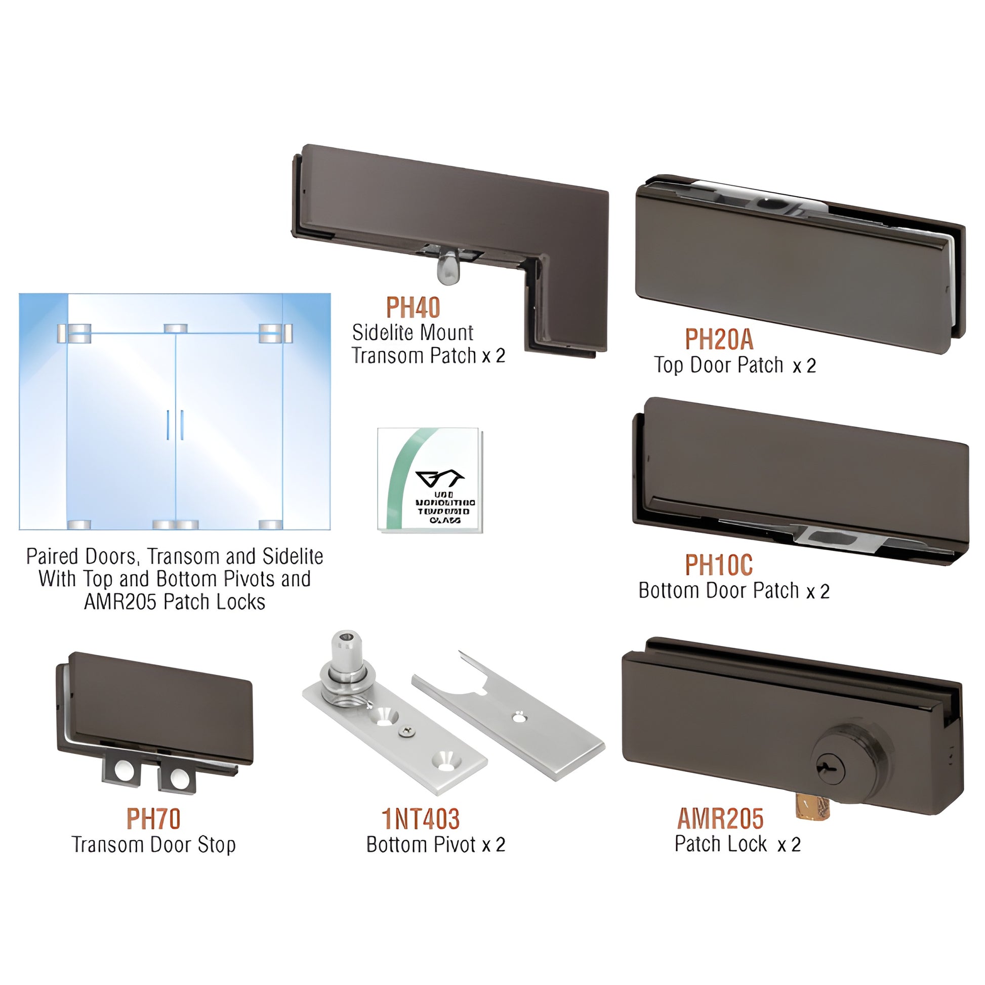 CRL PHA8LDU black bronze tempered glass double-door hardware kit with transom/sidelite patches, pivots and optional patch loc