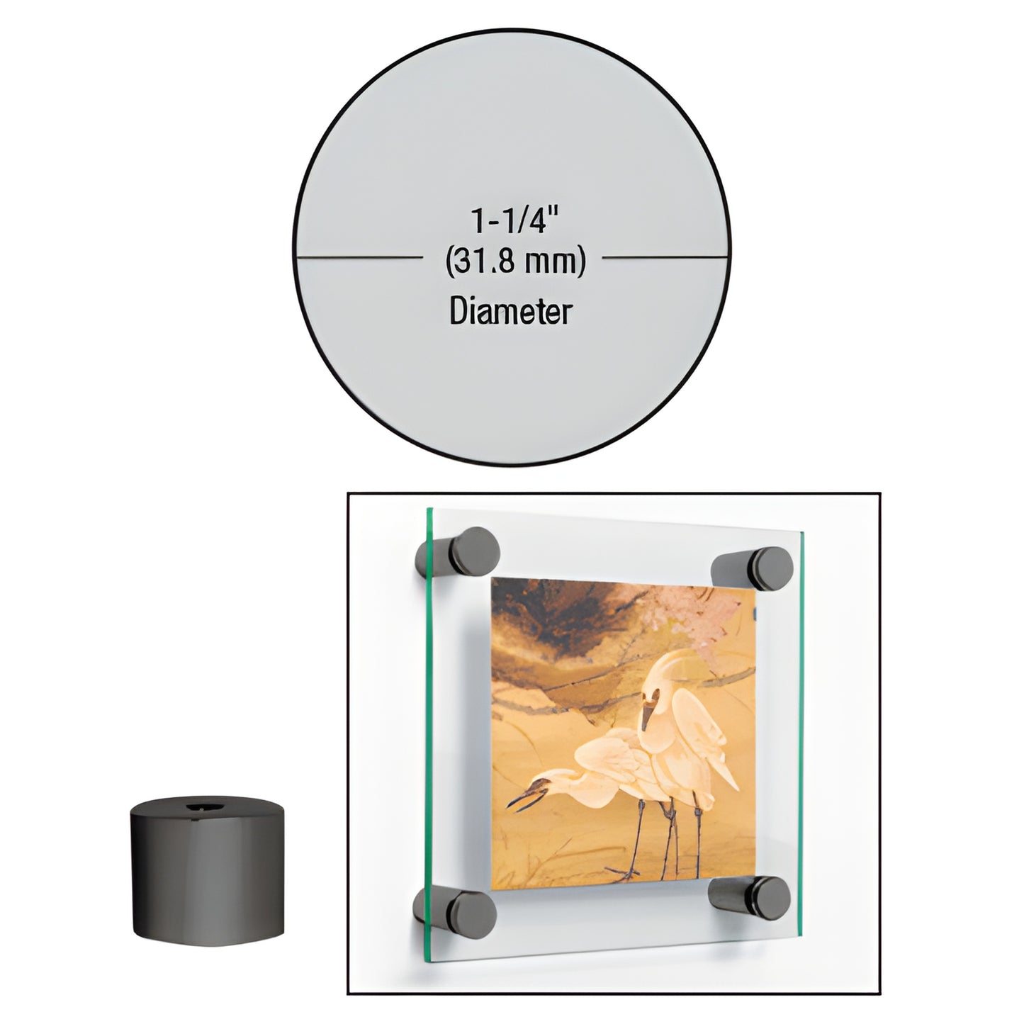 Matte black 1-1/4" metal standoff (SKU S0B1141MBL) for mounting glass/signage, shown with cap and a sample glass panel.