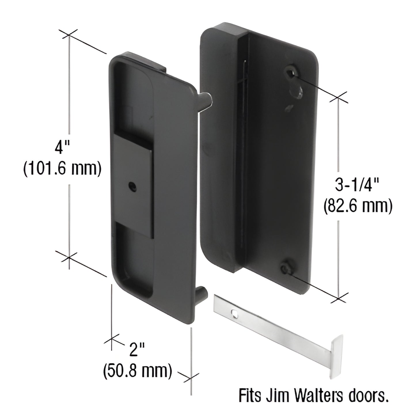 Black plastic mortise sliding door latch/pull (SKU A150) with steel latch, non-handed, for Jim Walters doors.