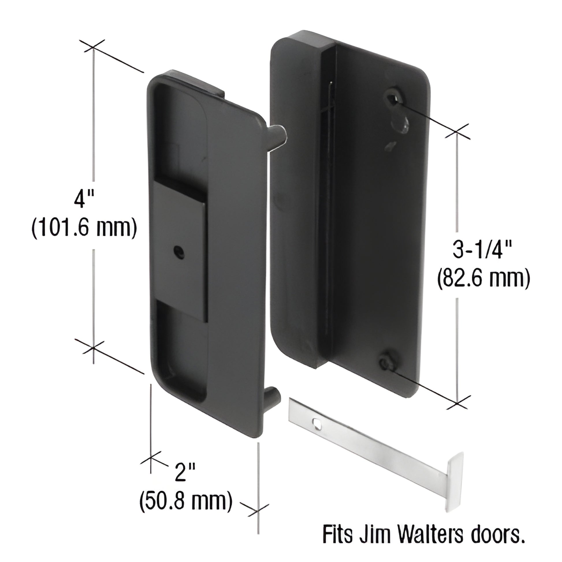Black plastic mortise sliding door latch/pull (SKU A150) with steel latch, non-handed, for Jim Walters doors.