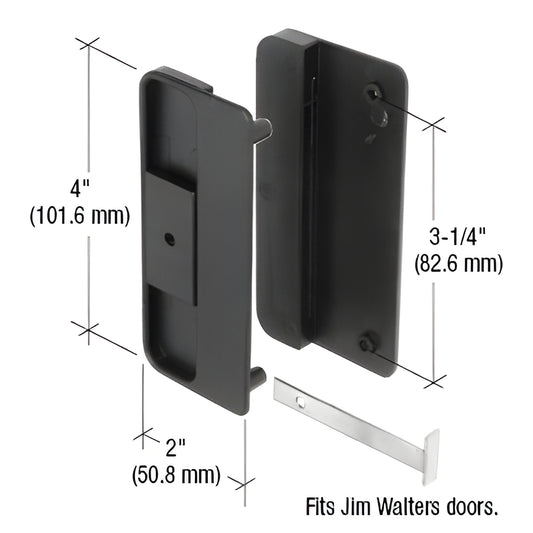 Black plastic mortise sliding door latch/pull (SKU A150) with steel latch, non-handed, for Jim Walters doors.