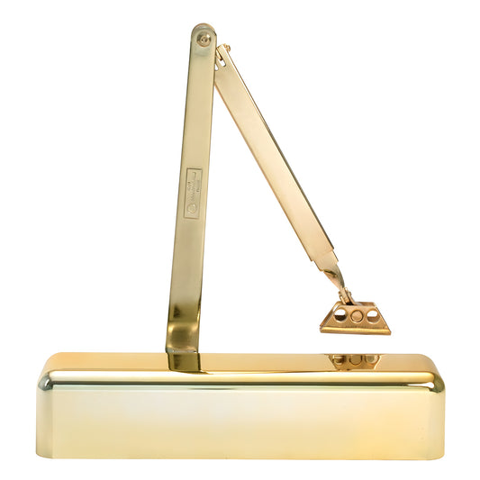 PR72DABG bright gold surface-mounted door closer with parallel-arm bracket, adjustable delayed-action closer.