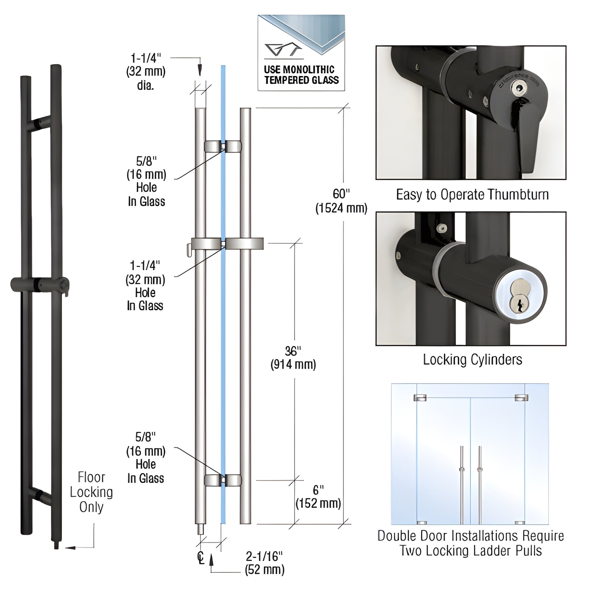 Matte black 60 in locking ladder pull for 1/2-3/4 in tempered glass doors with ADA thumbturn. SKU LLPA60MBL