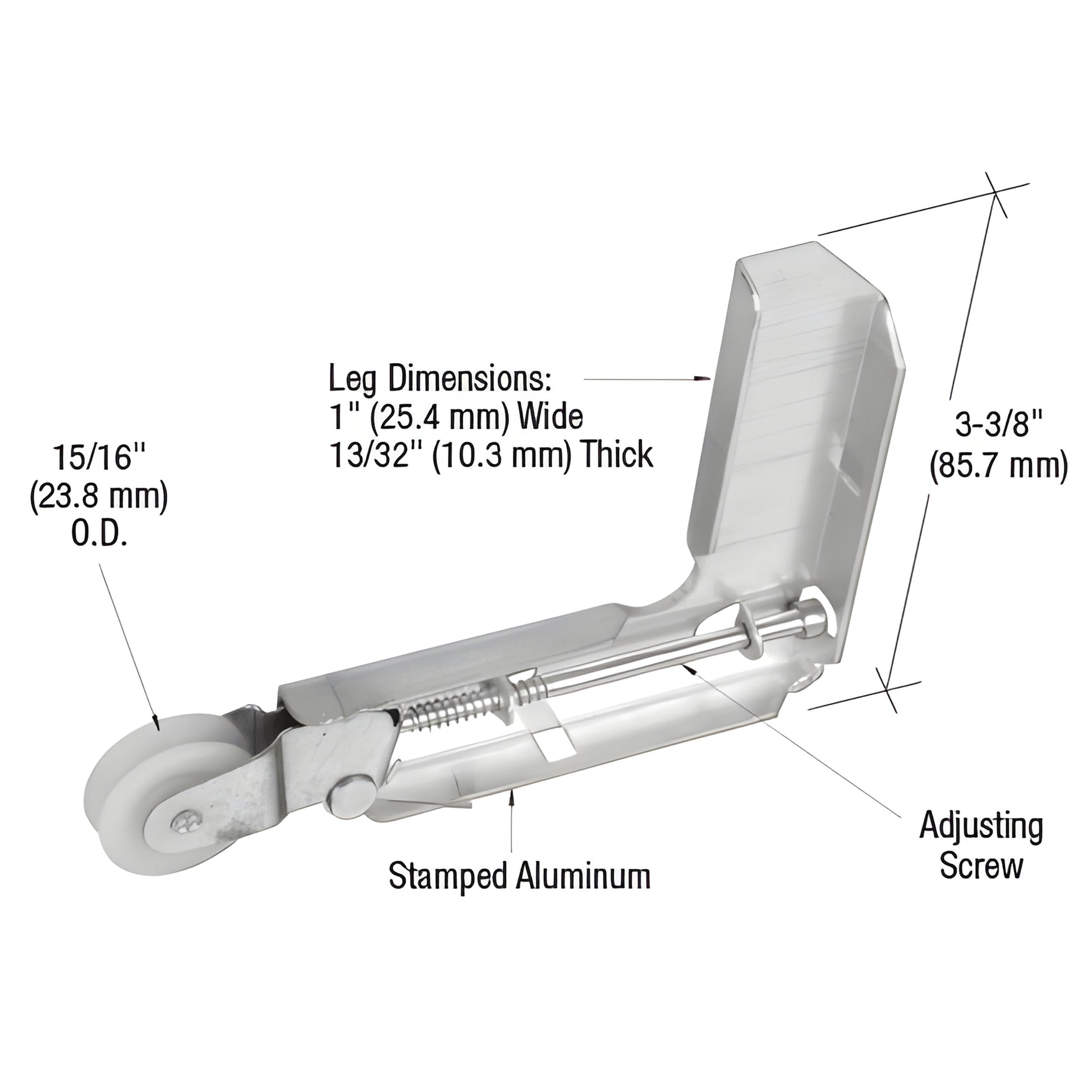 B693 sliding screen door roller assembly - stamped aluminum housing, nylon concave wheel, spring insert with adjusting screw.