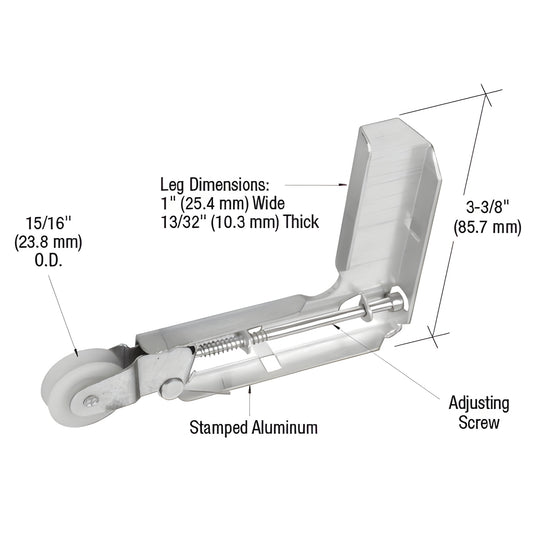 B693 sliding screen door roller assembly - stamped aluminum housing, nylon concave wheel, spring insert with adjusting screw.
