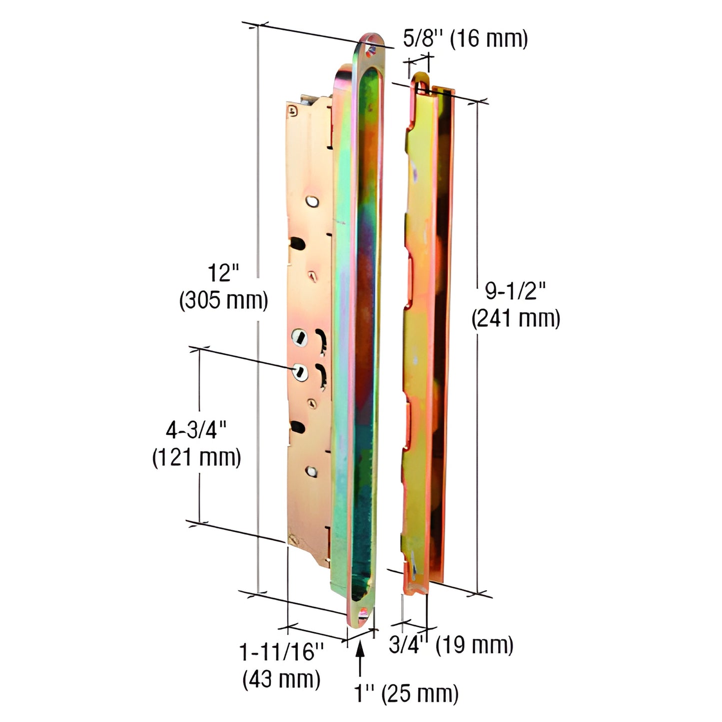 E2475 zinc-plated multi-point mortise patio door lock with thumbturn, 12" hole centers, dimensions shown