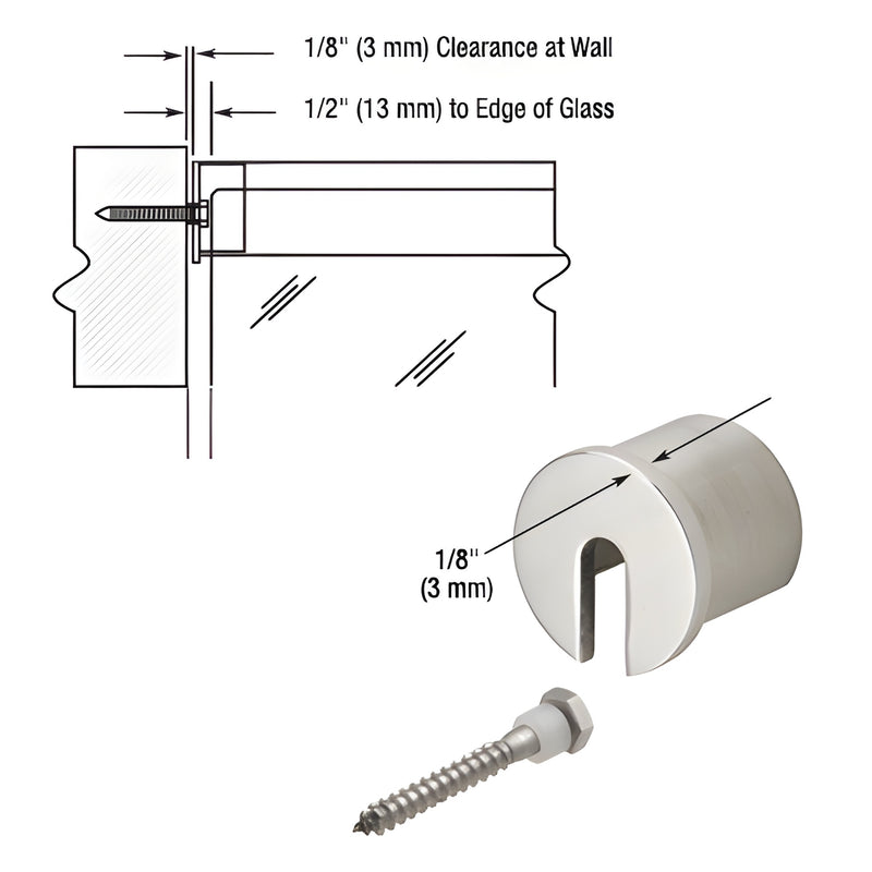 GRRF15 stabilizing end cap in polished 316 stainless with lag screw and wall mount diagram