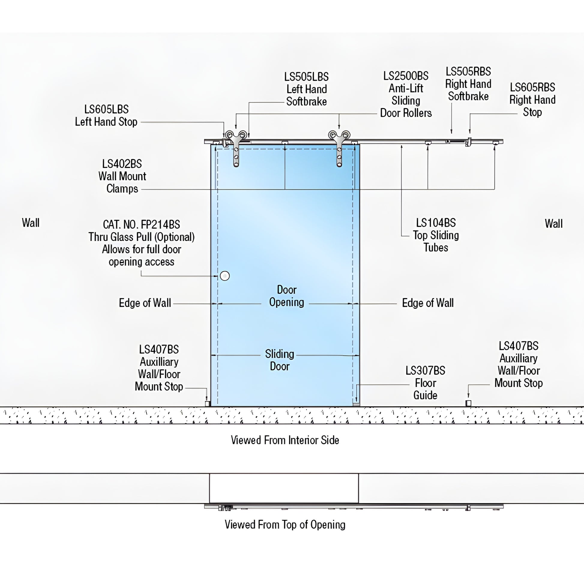 LSWM27BS wall-mount sliding glass door kit diagram, 316 stainless track with anti-lift rollers and Softbrake