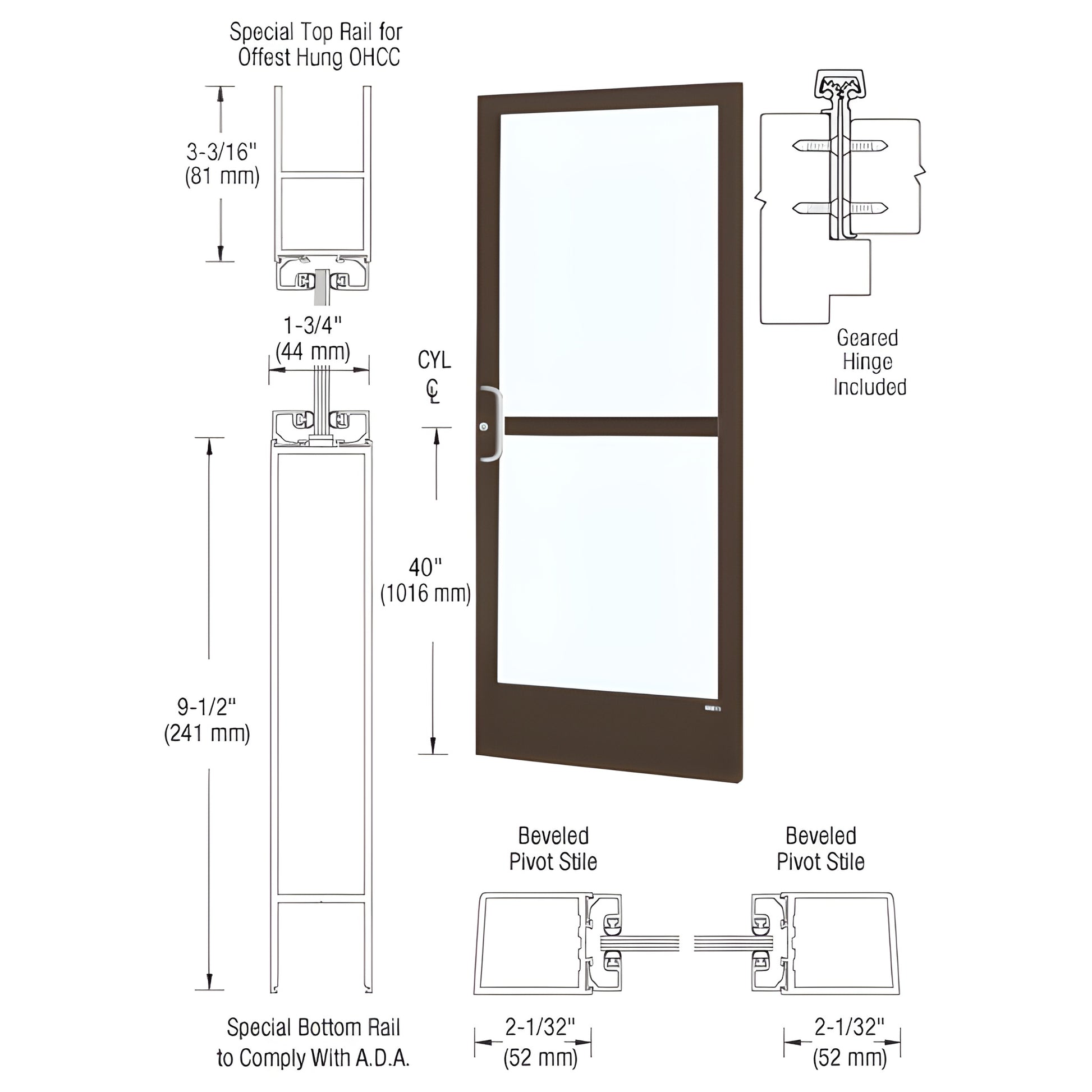 Black bronze narrow-stile commercial entrance door with ADA 9.5" bottom rail, gear-hinge prep, accepts 1/4" glass (SKU CZ2192