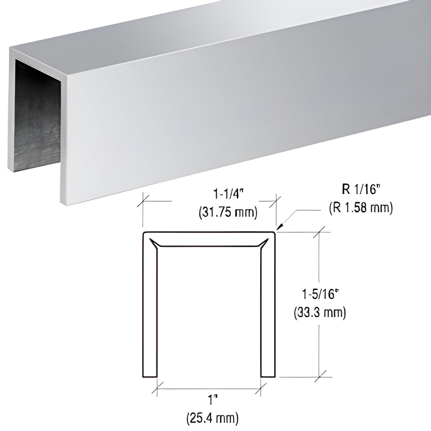 Polished stainless steel low-profile U cap rail for 3/4" (19 mm) glass, 144" length - SKU GRLC107PS12