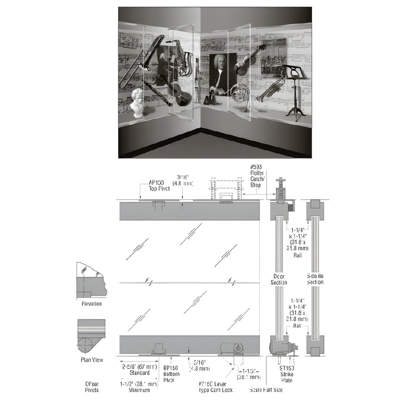CRL Blumcraft 1301 fully glazed aluminum display case door, satin anodized slim rails, for museum/retail SKU 13SDT12SA