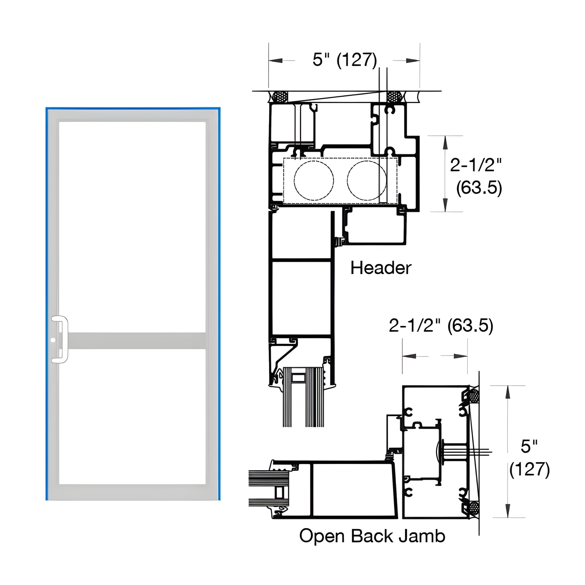 Custom Kynar up/over door frame (SKU 0P71971) for hurricane impact door, elevation image with 2-1/2" x 5" cross-section diagr