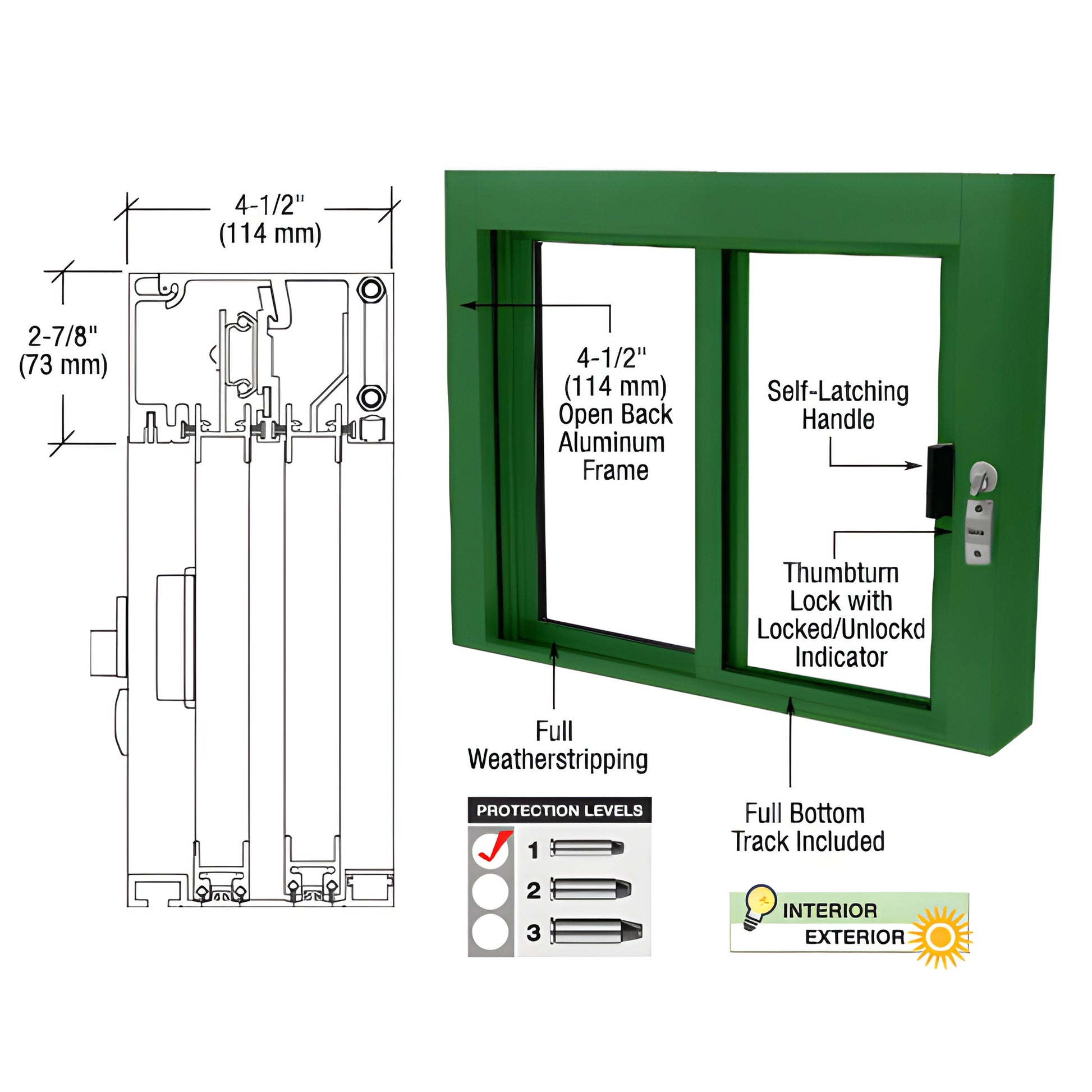 Green aluminum bullet-resistant sliding service window SBRWEXK1, 3/4" polycarbonate glazing, weatherized, Level 1 protection.