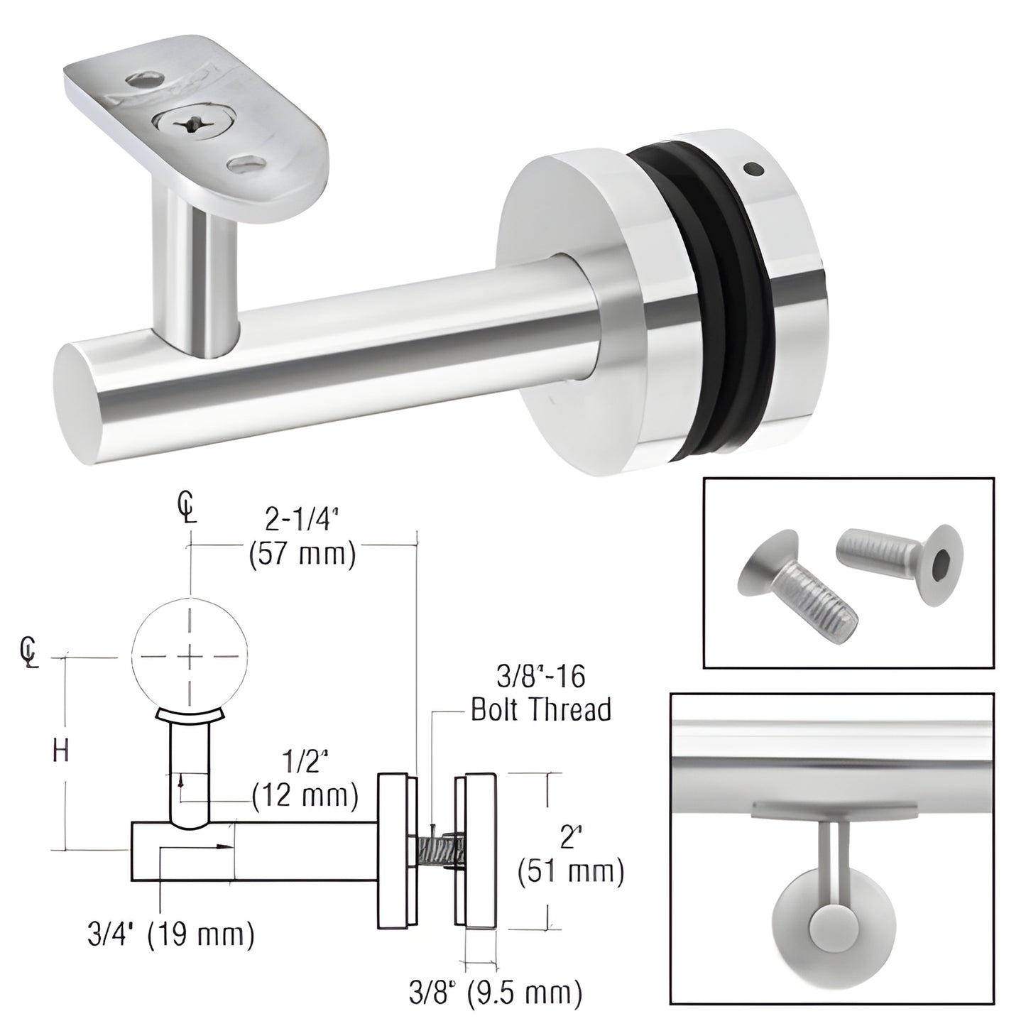 HR3EGPS polished 316 stainless glass-mounted handrail bracket, 2-1/4 in projection; fits 1.5-2 in rails; needs 3/4 in glass h