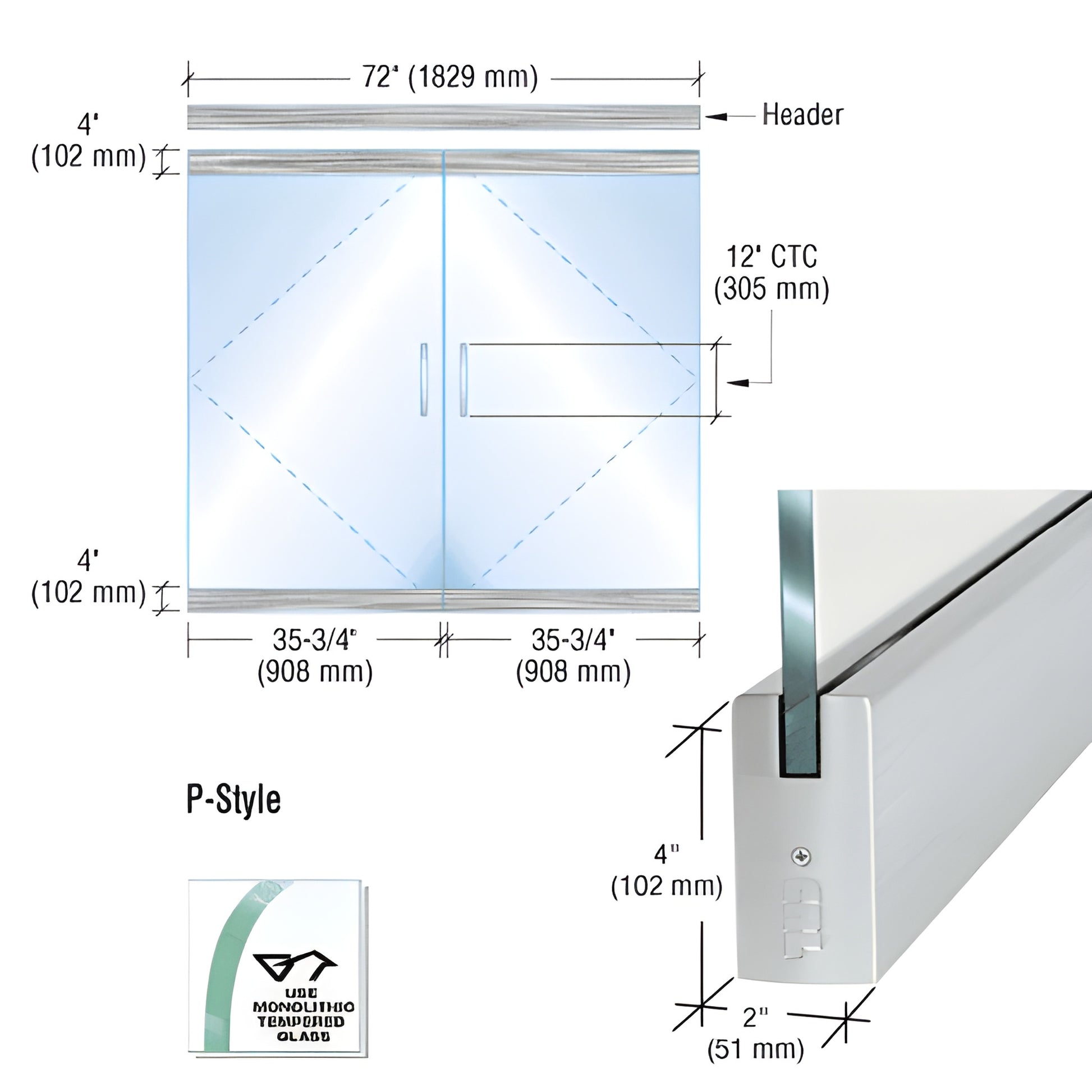 P-style brushed stainless frameless glass door kit pair for 1/2" (12 mm) tempered glass, 35-3/4" net door width.