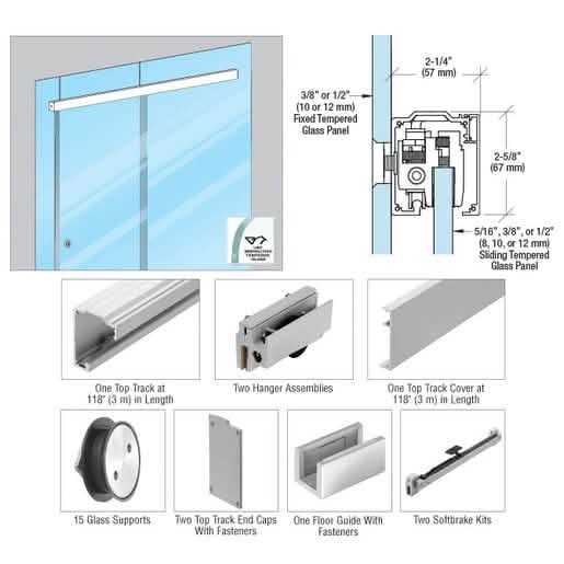 CRL285 Series Satin Anodized Glass Mount Single Slider Kit for 5/16-3/8 Glass, 118 Inch