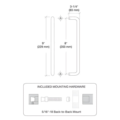 Dark bronze forged-aluminum 1 in straight pull handle, 8 in c-to-c, back-to-back mount. SKU M2165810B