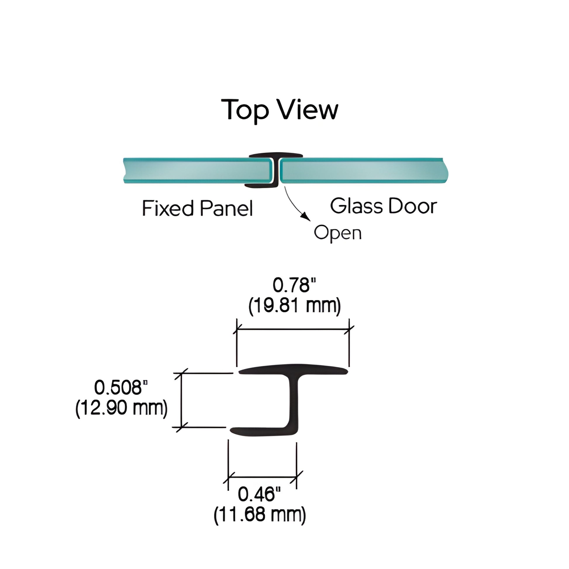 Black Y jamb seal (SKU PCC12BL) for 180 glass-to-glass shower doors, soft leg, 1/2" (12mm) glazing, 95" long