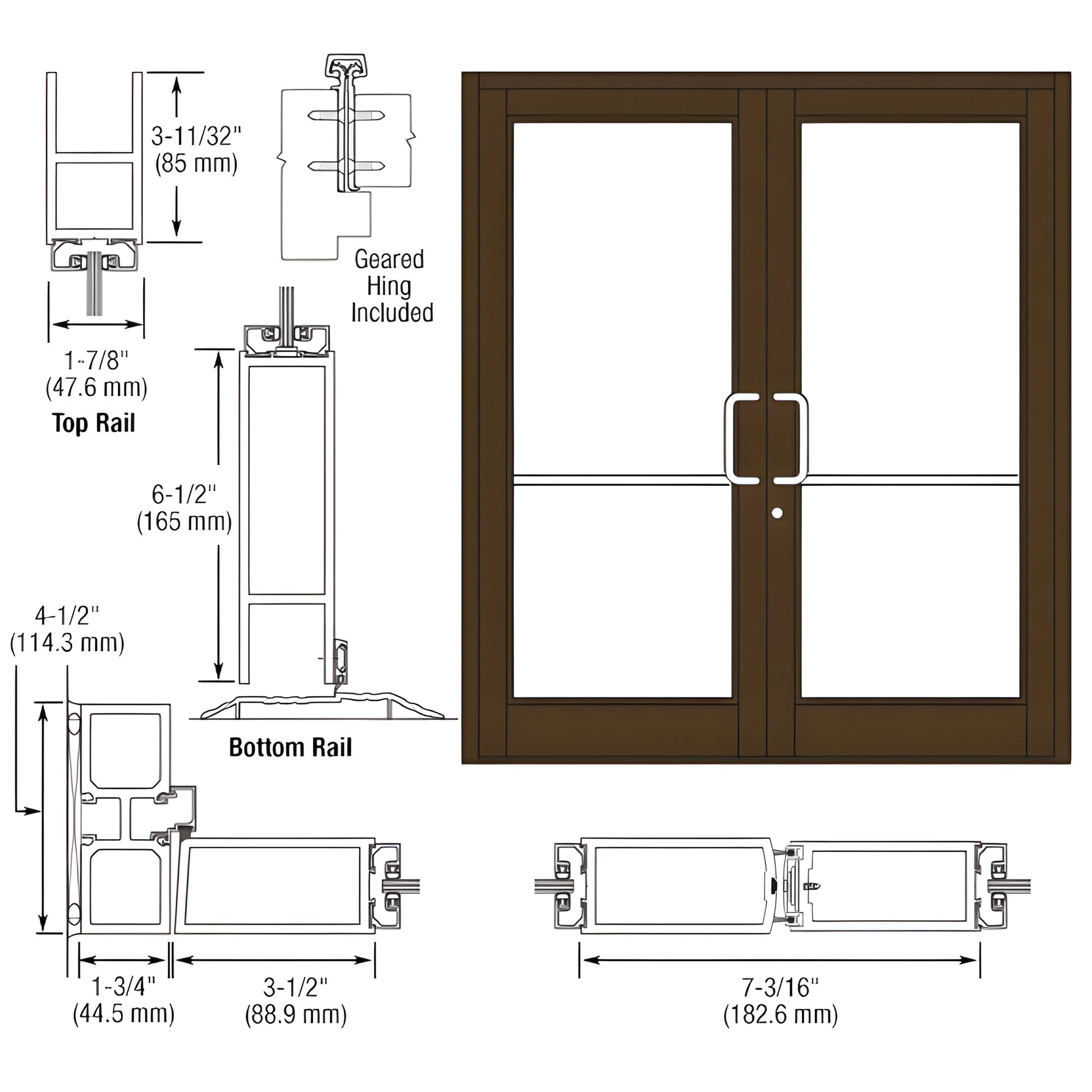 Black Bronze Durafront MS double commercial entrance door SKU DC82822 with center-pivot prep and technical drawings