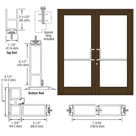 Black Bronze Durafront MS double commercial entrance door SKU DC82822 with center-pivot prep and technical drawings