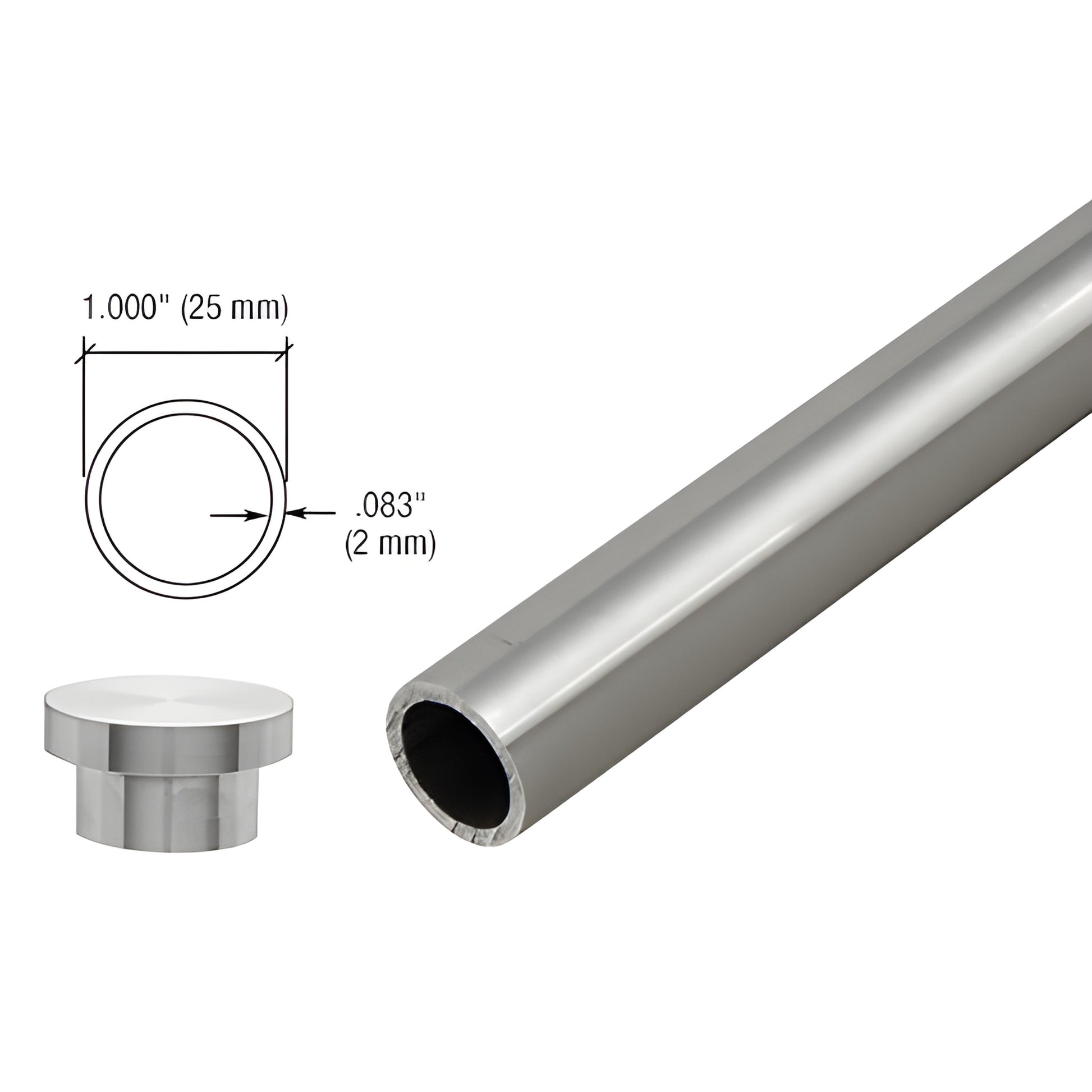 LS104BS brushed stainless steel top sliding tube, 1 in. diameter, 104 in. length with matching end caps