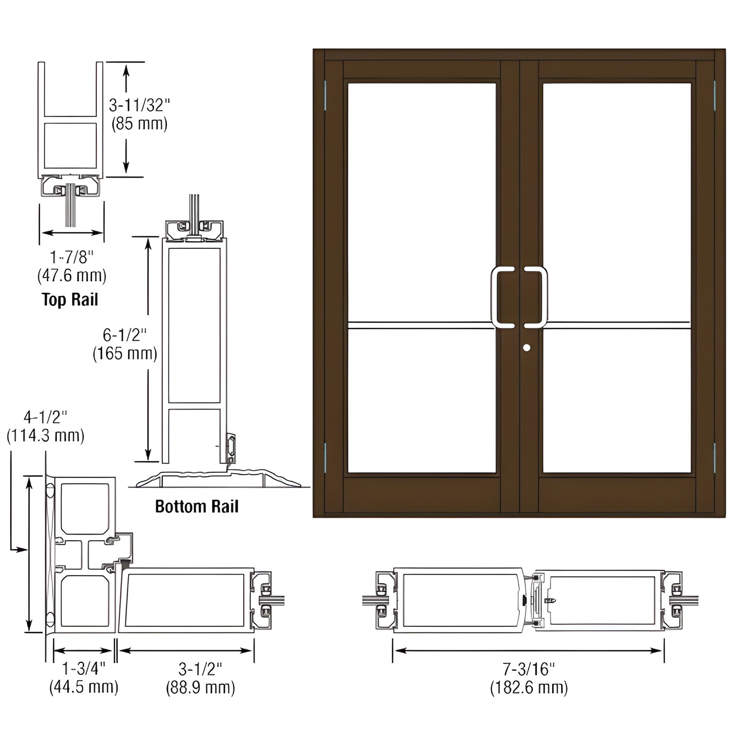 Durafront MS double commercial entrance door DC82522 in black bronze anodized with center pull handles and glass panels.