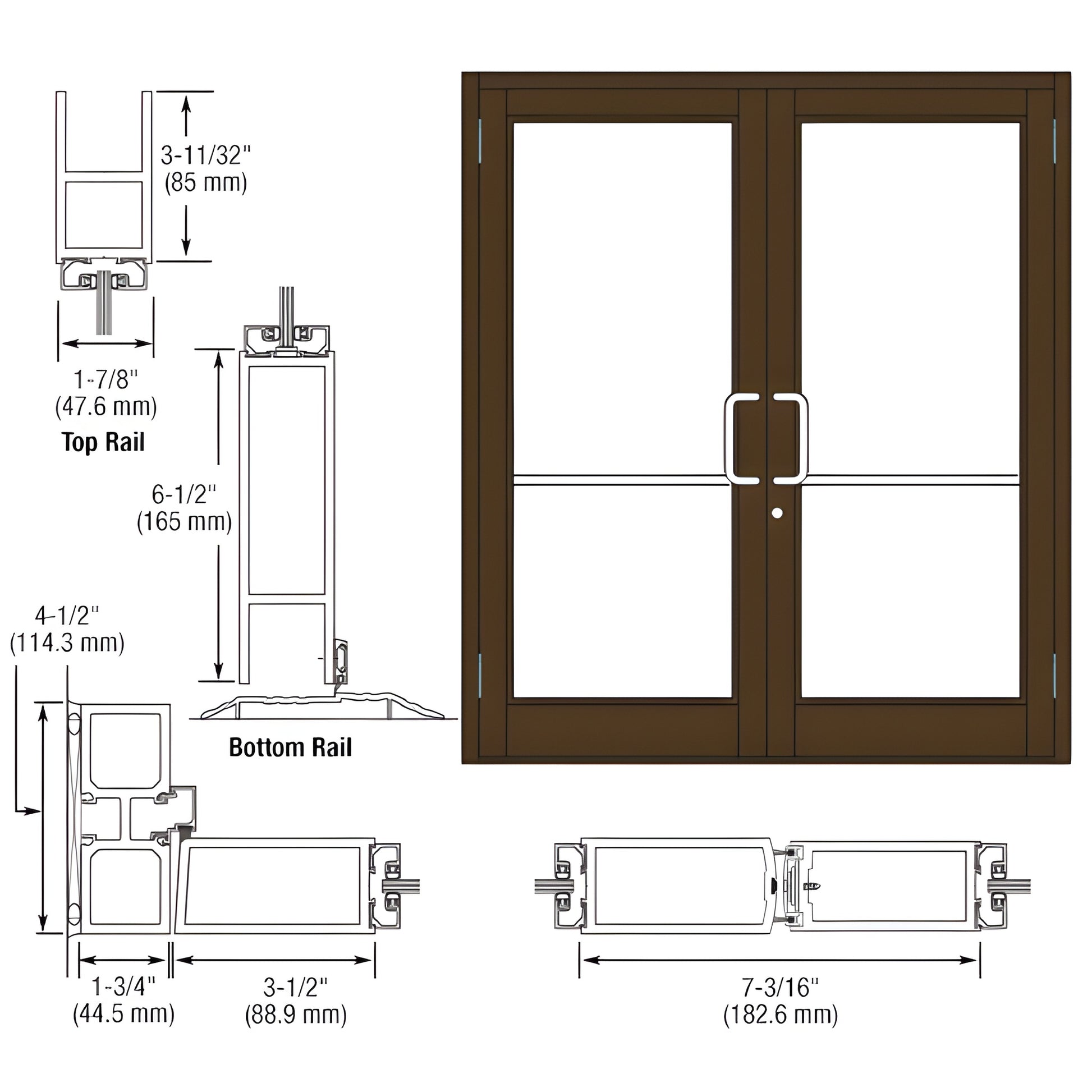 Durafront MS double commercial entrance door DC82522 in black bronze anodized with center pull handles and glass panels.