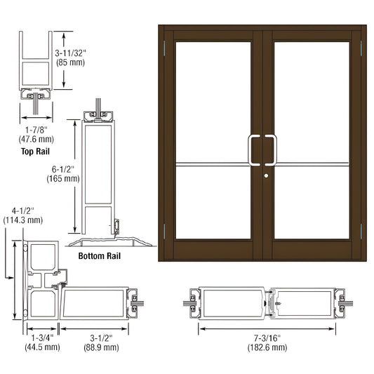 Durafront MS double commercial entrance door DC82522 in black bronze anodized with center pull handles and glass panels.