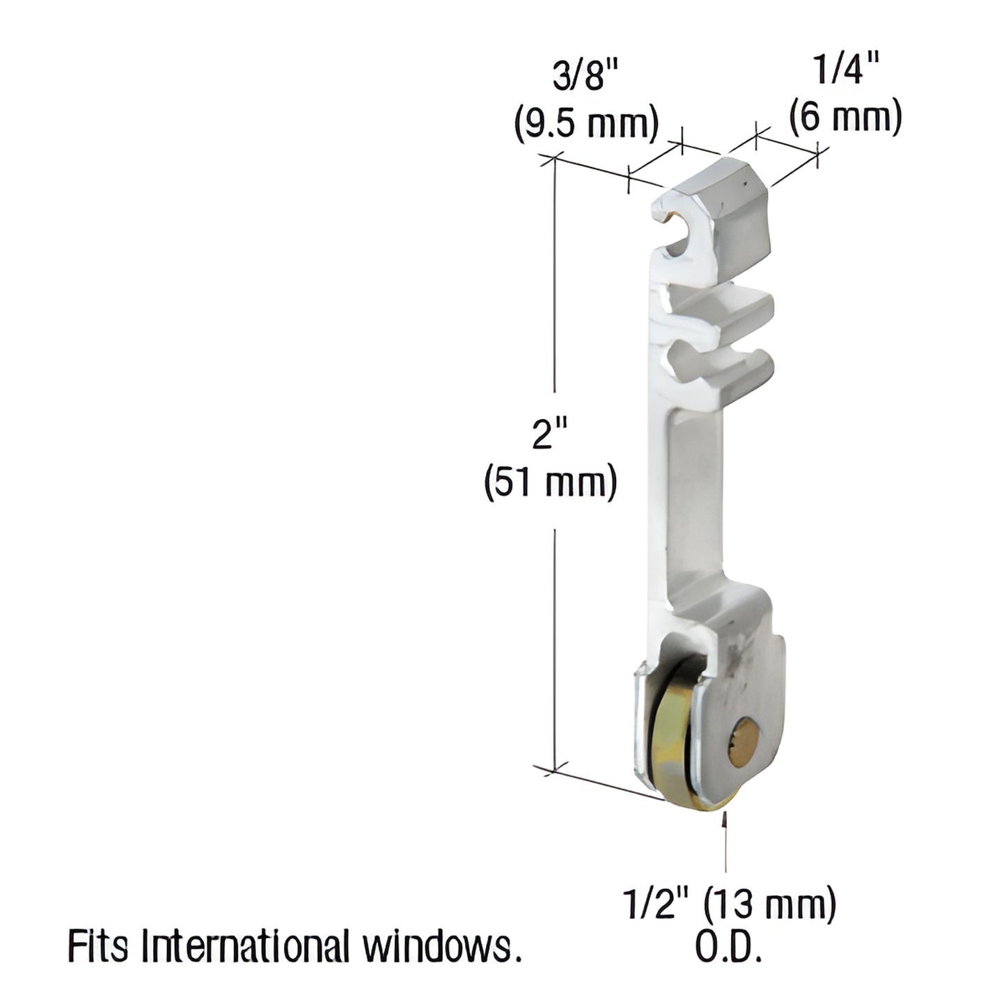 CRL G3102 window roller assembly - 2in extruded aluminum bracket with 1/2in flat steel roller, fits International windows.