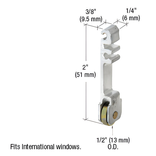 CRL G3102 window roller assembly - 2in extruded aluminum bracket with 1/2in flat steel roller, fits International windows.