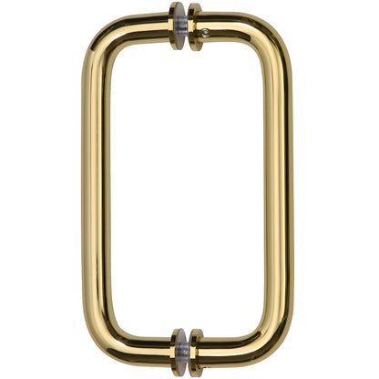 BM8X8BR polished brass back-to-back tubular glass door pull handle, 3/4" dia, 8" center-to-center, washers