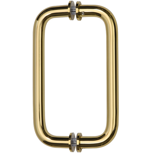 BM8X8BR polished brass back-to-back tubular glass door pull handle, 3/4" dia, 8" center-to-center, washers